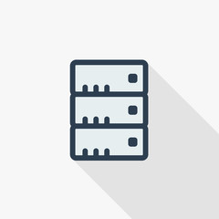 data center, server thin line flat color icon. Linear vector illustration. Pictogram isolated on white background. Colorful long shadow design.