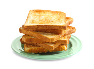 Plate with toasted bread on white background