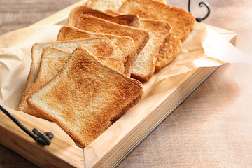 Toasted bread on tray, closeup