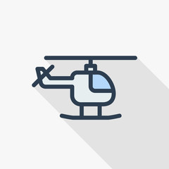 Helicopter thin line flat color icon. Linear vector illustration. Pictogram isolated on white background. Colorful long shadow design.