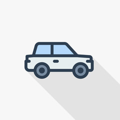 car, hatchback thin line flat color icon. Linear vector illustration. Pictogram isolated on white background. Colorful long shadow design.