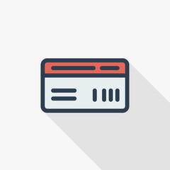document whith barcode, plane or train ticket thin line flat color icon. Linear vector illustration. Pictogram isolated on white background. Colorful long shadow design.