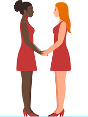 Happy valentines day February 14. Afro american girl and white redhead girl, a lesbian multiracial couple in love, holding hands and looking into each others eyes, in full growth standing. flat design