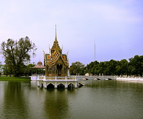 Panoramic of the Aisawan Thiphya-Art (Divine Seat of Personal Freedom), a pavilion constructed in the middle of a pond, Ayutthaya, Thailand.