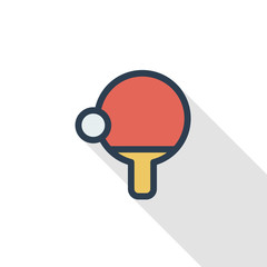 ping pong, racket and ball thin line flat color icon. Linear vector illustration. Pictogram isolated on white background. Colorful long shadow design.