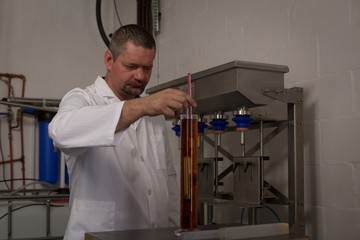 Male worker checking quality of gin