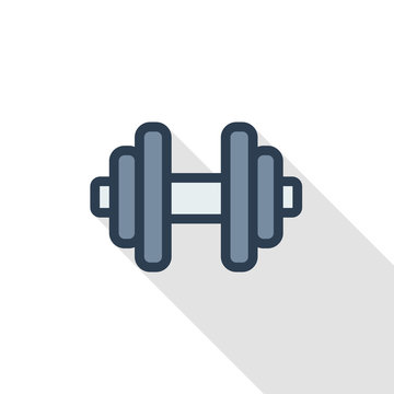 dumbbell, sport, gym isometric thin line flat icon. Linear vector illustration. Pictogram isolated on white background. Colorful long shadow design.