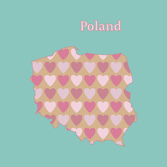 Zarys mapy Polski z teksturą różowych i czerwonych serc. Ilustracja na białym tle wektor na niebieskim tle. - 190123514
