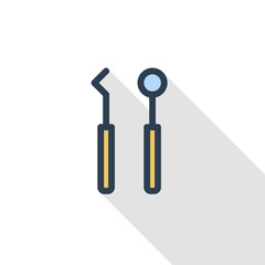 dentist tools thin line flat color icon. Linear vector illustration. Pictogram isolated on white background. Colorful long shadow design.