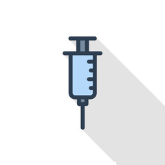 injection thin line flat color icon. Linear vector illustration. Pictogram isolated on white background. Colorful long shadow design.