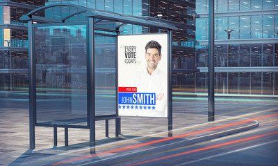 bus stop 3d rendering political poster