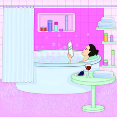Fashion illustration. Girl takes a bath with foam. Woman in the bathroom. The girl is resting. Relaxation, rest. Bathroom interior. A woman is reading. Pastel colors. Vector illustration. EPS 10.