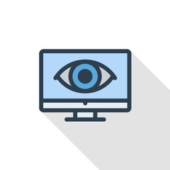 Computer, laptop, monotor and eye pictogram thin line flat color icon. Linear vector illustration. Pictogram isolated on white background. Colorful long shadow design.