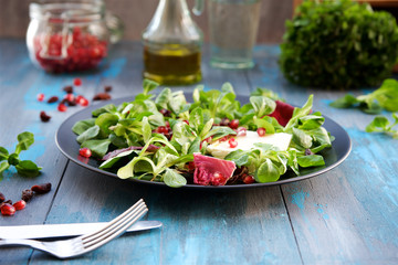 Fresh salad with pomegranate, raisins and feta cheese. Detox food concept
