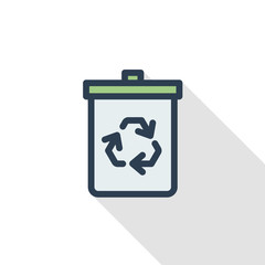 trash recycling thin line flat color icon. Linear vector illustration. Pictogram isolated on white background. Colorful long shadow design.