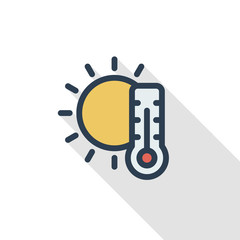thermometer and sun, weather thin line flat color icon. Linear vector illustration. Pictogram isolated on white background. Colorful long shadow design.