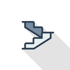 Stairs, upstairs, staircase thin line flat color icon. Linear vector illustration. Pictogram isolated on white background. Colorful long shadow design.