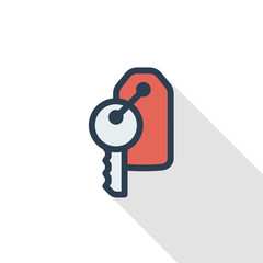 Hotel room key thin line flat color icon. Linear vector illustration. Pictogram isolated on white background. Colorful long shadow design.