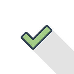 Tick, check mark thin line flat color icon. Linear vector illustration. Pictogram isolated on white background. Colorful long shadow design.