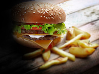 big hamburger and french fries