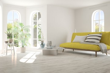 Idea of white room with sofa and summer landscape in window. Scandinavian interior design. 3D illustration