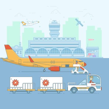 Airport, aircraft. Terminal and airplanes.ineart colorful vector illustration
