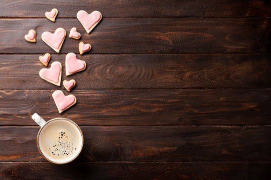 Valentines day heart cookies and coffee