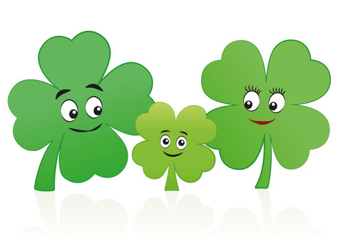 Lucky, happy clover leaf family - mother, father and child with smiling faces - isolated comic vector illustration on white background.