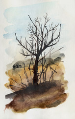 Fototapeta na wymiar Watercolor sketch of tree without leaves 