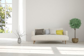 Idea of white room with sofa and summer landscape in window. Scandinavian interior design. 3D illustration