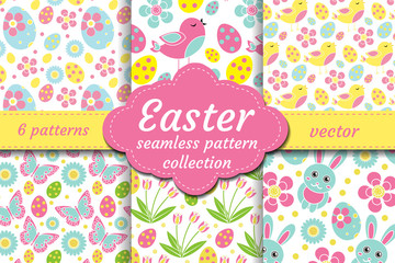 Cute easter seamless pattern set with nestling, rabbit, eggs, flowers. Spring collection repeating textures. Children, kids, baby endless background kit. Vector illustration