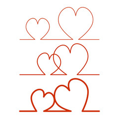 Set of Continuous Line Two Hearts Shape for Valentine's Day. Vector illustration of a hearts isolated on white background.