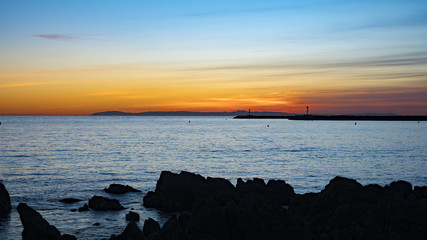 4k Widscreen Orange And Blue Sky Sunset California Beach Rocks Ocean Island