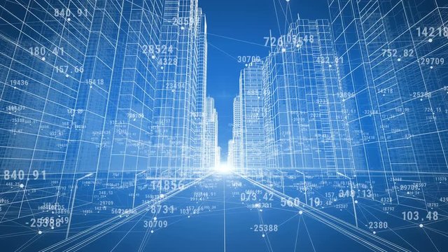 Abstract Digital City with Numbers and Grids. Moving Through the 3d Blueprint. Business and Technology Concept. Blue color 3d animation. 4k Ultra HD 3840x2160.