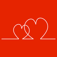 Continuous Line Two Hearts Shape for Valentine's Day. Vector illustration of a hearts isolated on red background.