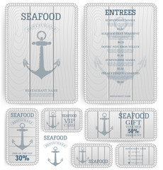 Seafood restaurant menu template. Anchor on the wooden board. Branding. Business card, flyer, vip card and gift voucher. Vector design.