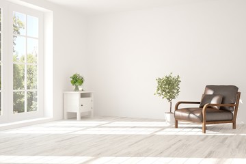Idea of white room with armchair and summer landscape in window. Scandinavian interior design. 3D illustration