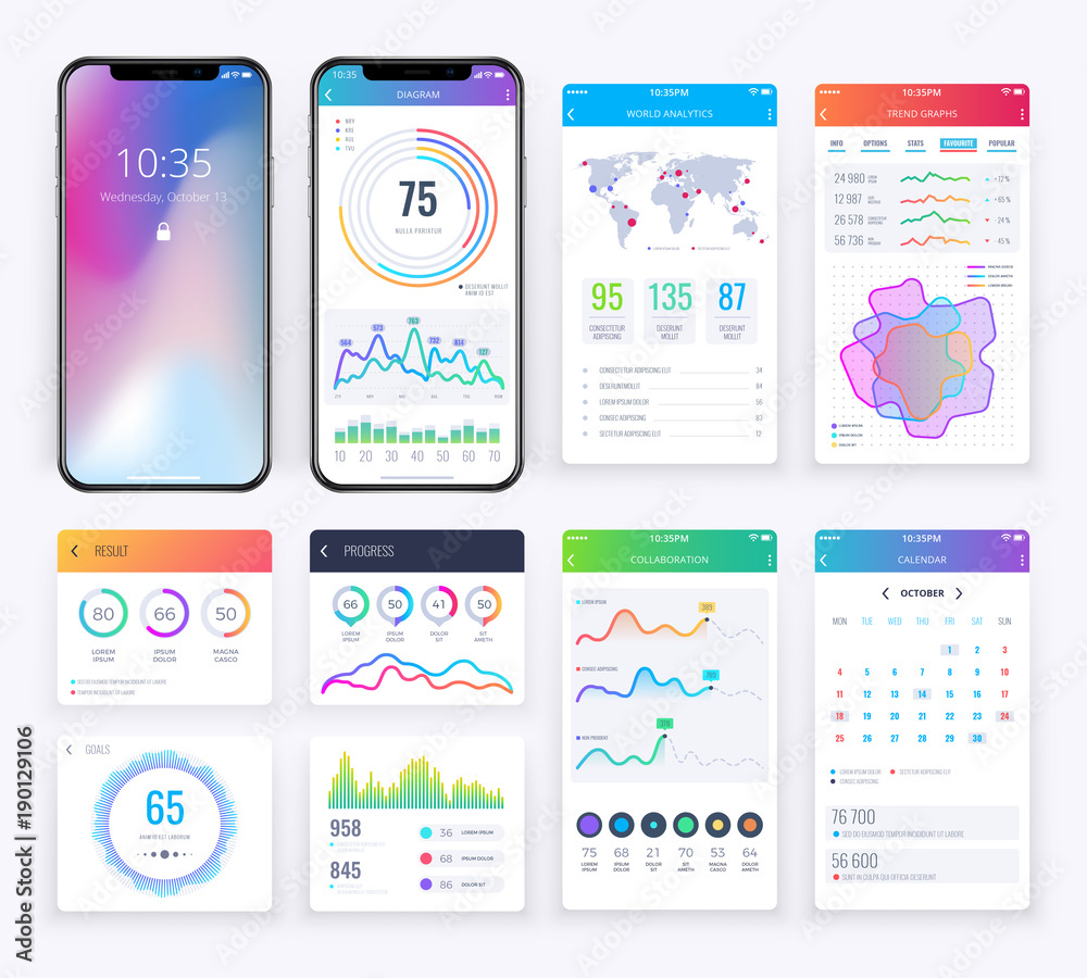 Poster smartphone ui set with data business graphs for mobile app