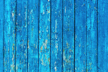 old wooden wall with a blue paint that is exfoliated