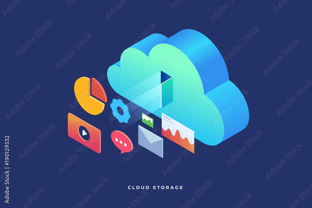 Wall mural cloud storage: web graph, chart, email, player. infographics elements on computer devices. 3d isomet
