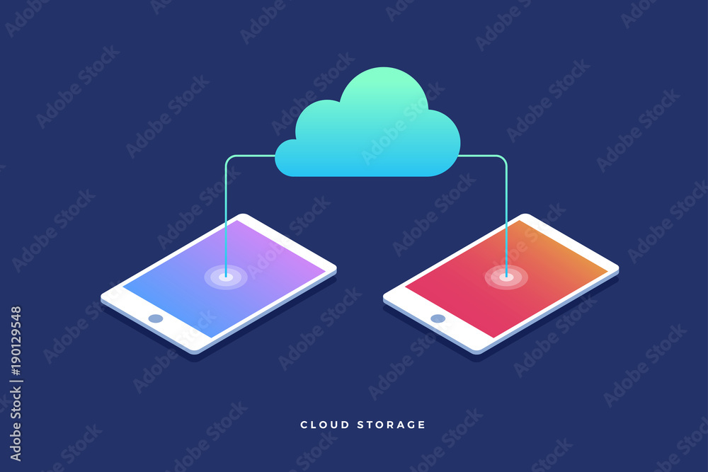 Wall mural cloud storage, data transfers on internet from gadget to gadget. 3d isometric flat design. vector il
