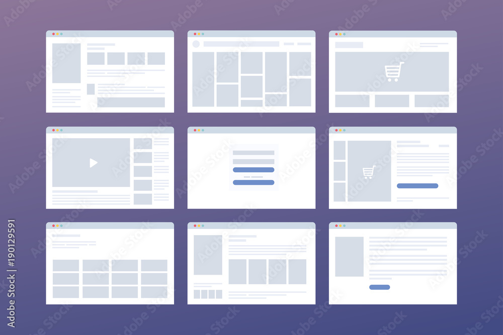 Wall mural vector set of windows with website page template. concept of social media: online store, login, vide