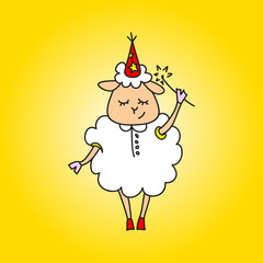 The sheep is a magician with a magic wand. Vector drawing. Illustration