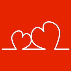 Continuous Line Two Hearts Shape for Valentine's Day. Vector illustration of a hearts isolated on red background.