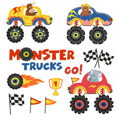 set of isolated monster trucks with animals part 2 - vector illustration, eps
