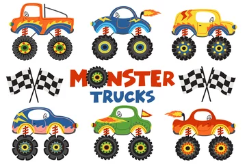 Papier Peint photo Course de voitures ensemble de camions monstres isolés - illustration vectorielle, eps