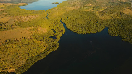 Landscape, at sunrise time with mountains, tropical forest, bay, mangrove forest. Coron, Philippines,Palawan, Busuanga.