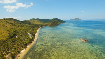 Aerial view Beautiful tropical island Busuanga with sand beach, palm trees. Tropical landscape: beach with palm trees. Seascape: Ocean, sky, sea. Travel concept.