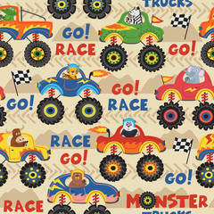 seamless pattern monster trucks with animals on races - vector illustration, eps © nataka