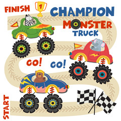 monster trucks with animals on race track - vector illustration, eps   © nataka